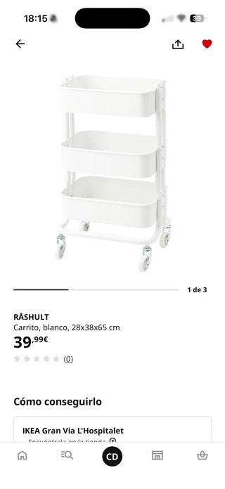 Carrito RÅSHULT IKEA blanco 28x38x65 cm