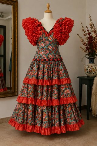 Vestido Flamenca Volantes Flores Talla Única