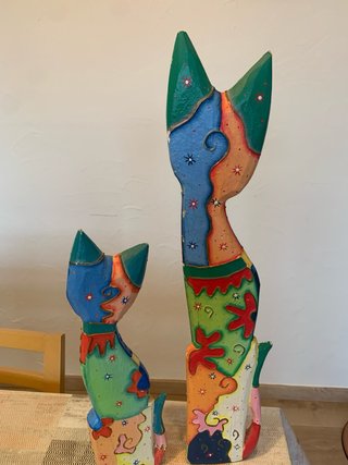 2 Figure Decorative di Gatti in Legno