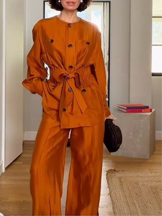 Pantalón ancho lino naranja curry satinado