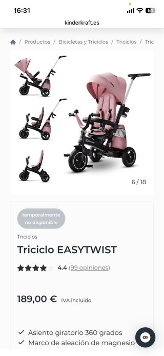 Triciclo Kinderkraft EASYTWIST modular rosa