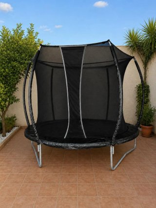 Cama elástica negra con red de seguridad