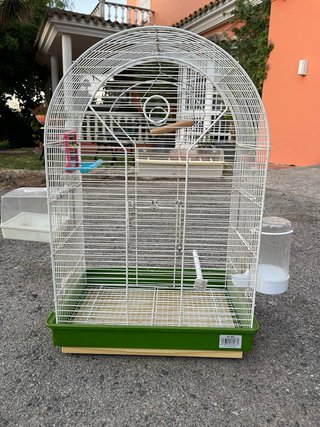 Jaula para pájaros blanca y verde