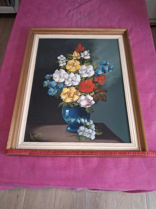 Cuadro Vintage Flores en Jarrón Azul  76cm x 61cm