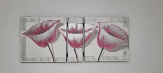 Cuadro Tríptico Flores Rosa y Plata 60x144