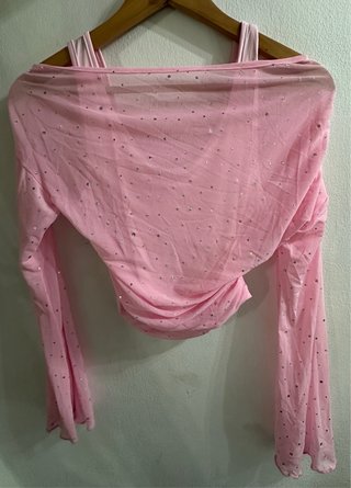 Top Crop Rosa con Brillos у Mangas Largas-talla M