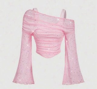 Top Crop Rosa con Brillos у Mangas Largas-talla M