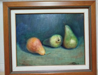 Cuadro de peras pintado al óleo sobre tabla