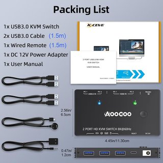 AOOCOO Conmutador KVM 2 PC 1 monitor 8K 60Hz