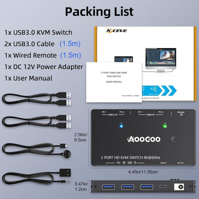 AOOCOO Switch KVM 2 PC 1 monitor 8K 60Hz