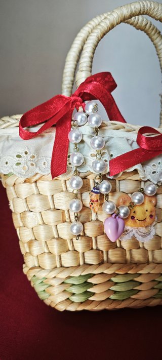 Borsa paglia cottagecore fiocchi perle kawaii
