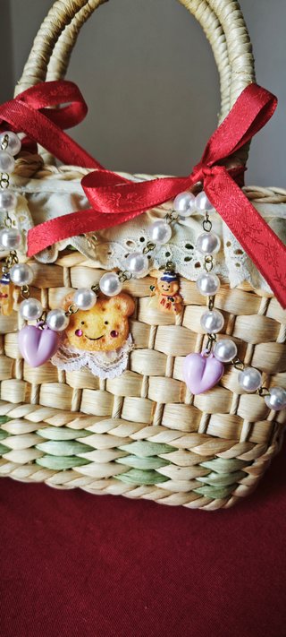 Borsa paglia cottagecore fiocchi perle kawaii