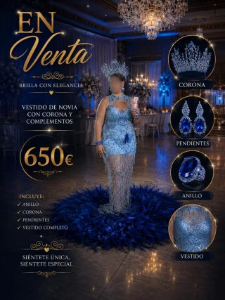 Vestido de Novia Azul con Corona y Accesorios
