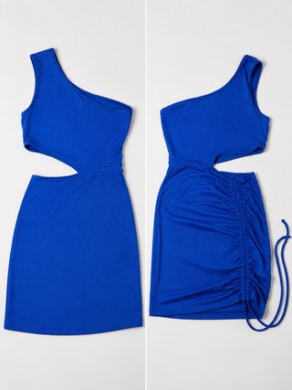 Vestido corto azul con un hombro