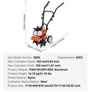 Tiller Cultivator Gas Powered, 43CC 2-Stroke Garde