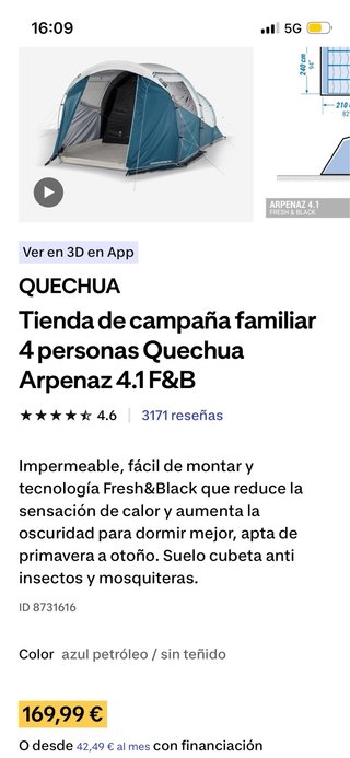 Tienda de campaña 4 personas  Con colchon pequeño