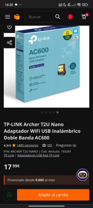Adaptador Wi-Fi USB TP-Link Archer T2U Nano AC600