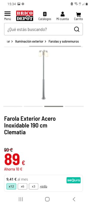 Farola Exterior Acero Inoxidable 190 cm