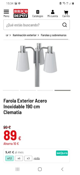 Farola Exterior Acero Inoxidable 190 cm