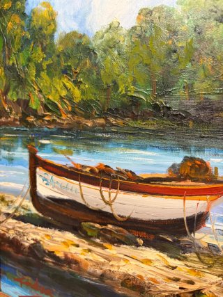 Cuadro antiguo: Barcas en río