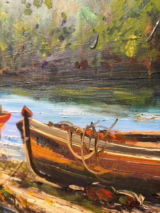Cuadro antiguo: Barcas en río