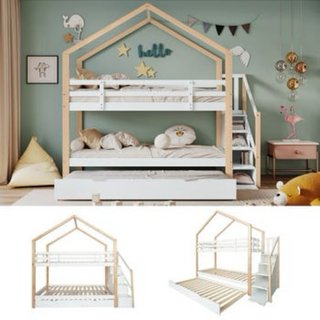 Litera con cama nido blanca y madera