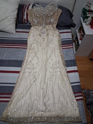 Vestido largo pedrería beige y plata