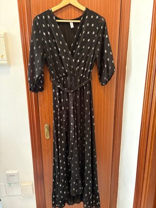 Vestido largo de fiesta negro lunares plateados