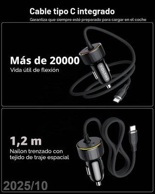 VOLTME Cargador 60W Coche 12V 2xUSB-C Cable 1,2m