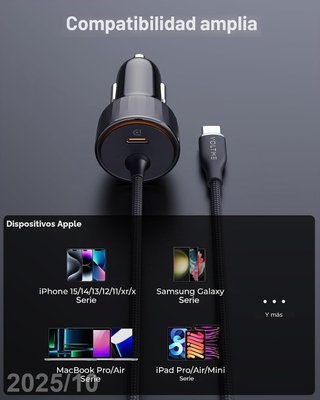 VOLTME Cargador 60W Coche 12V 2xUSB-C Cable 1,2m