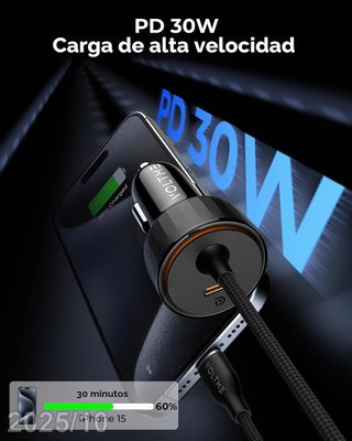VOLTME Cargador 60W Coche 12V 2xUSB-C Cable 1,2m