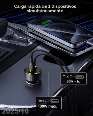 VOLTME Cargador 60W Coche 12V 2xUSB-C Cable 1,2m