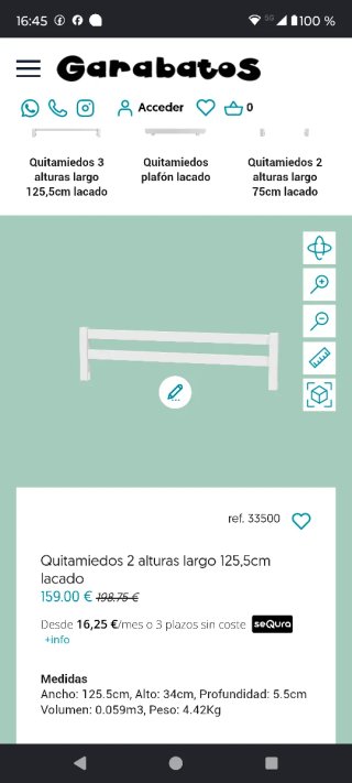 Barandilla quitamiedos 125x34cm para cama