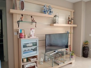 Mueble TV Roble Blanco Macizo con Mesa Cristal