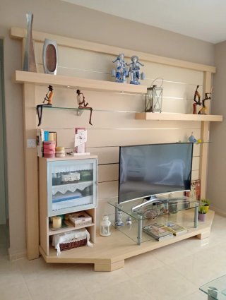 Mueble TV Roble Blanco Macizo con Mesa Cristal