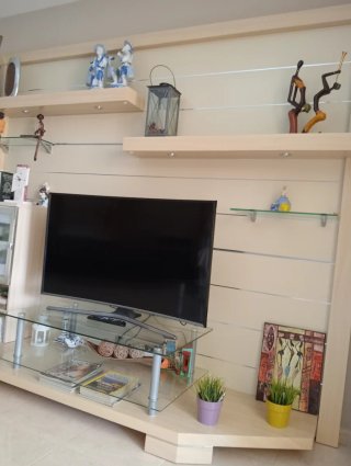 Mueble TV Roble Blanco Macizo con Mesa Cristal