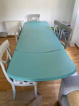 Mesa comedor madera restaurada verde azulad y gris