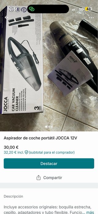 Aspirador Coche JOCCA 12V Portátil
