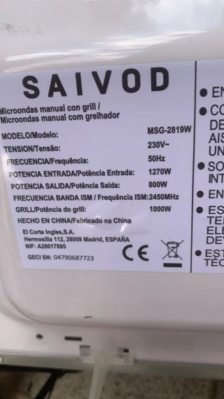 Microondas grill Saivod MSG-2819W