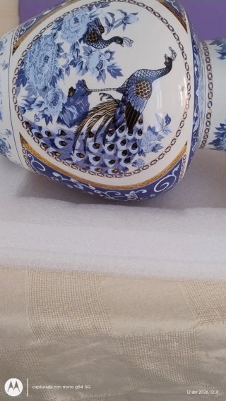 Jarrón de porcelana azul y blanco con pavos reales