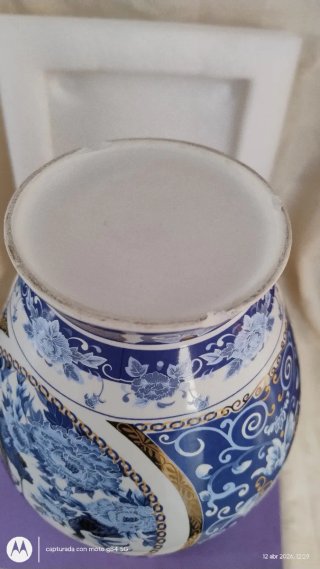 Jarrón de porcelana azul y blanco con pavos reales