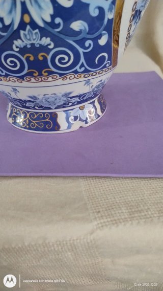 Jarrón de porcelana azul y blanco con pavos reales