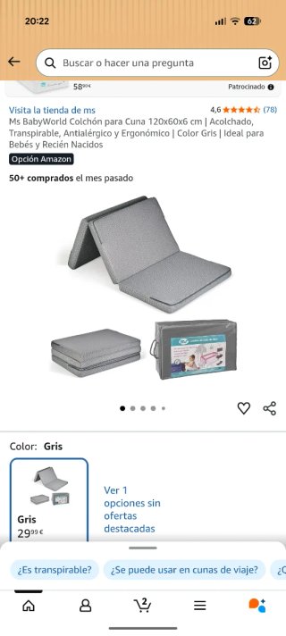 Colchón Cuna Plegable MS BabyWorld 120x60 Gris