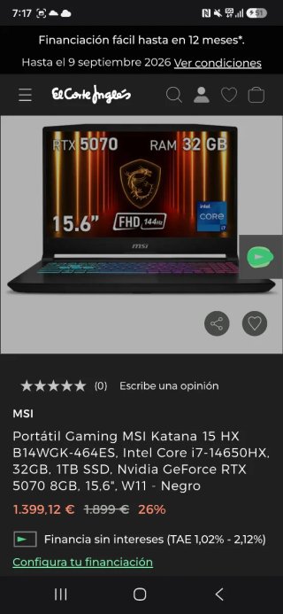 Portátil Gaming MSI Katana Nuevo