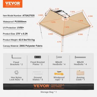 Toldo para Vehículos 270 Grados, Toldo Lateral Retráctil de 8.2' de Altura para Automóviles, Toldo para Automóviles PU3000mm UV50+ con Bolsa de Almacenamiento Impermeable, Adecuado para Camiones, ...