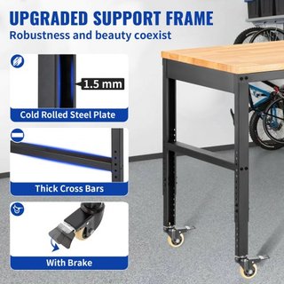 Mesa de Trabajo Ajustable en Altura, 155 x 51 cm Mesa de Garaje con Alturas de 80 – 105 cm y Capacidad de 720KG, con Salidas de Energía y Superficie de Madera Dura y Estructura de Metal y Ruedas G...