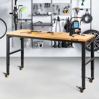Mesa de Trabajo Ajustable en Altura, 155 x 51 cm Mesa de Garaje con Alturas de 80 – 105 cm y Capacidad de 720KG, con Salidas de Energía y Superficie de Madera Dura y Estructura de Metal y Ruedas G...