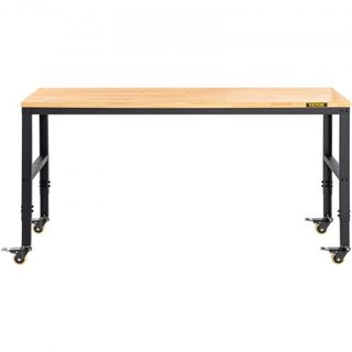 Mesa de Trabajo Ajustable en Altura, 155 x 51 cm Mesa de Garaje con Alturas de 80 – 105 cm y Capacidad de 720KG, con Salidas de Energía y Superficie de Madera Dura y Estructura de Metal y Ruedas G...