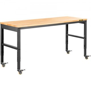 Mesa de Trabajo Ajustable en Altura, 155 x 51 cm Mesa de Garaje con Alturas de 80 – 105 cm y Capacidad de 720KG, con Salidas de Energía y Superficie de Madera Dura y Estructura de Metal y Ruedas G...