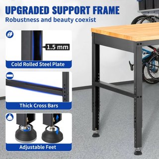 Mesa de Trabajo Ajustable en Altura, 183 x 64 cm Mesa de Garaje con Alturas de 72 – 97 cm y Capacidad de Carga de 900KG, con Salidas de Energía y Superficie de Madera Dura y Marco de Metal y Patas...
